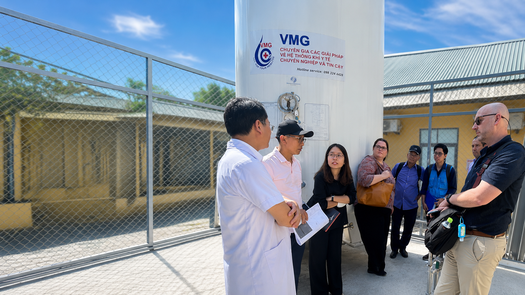 Đội ngũ VMG và đại diện đối tác phối hợp tại khu vực bồn oxy y tế