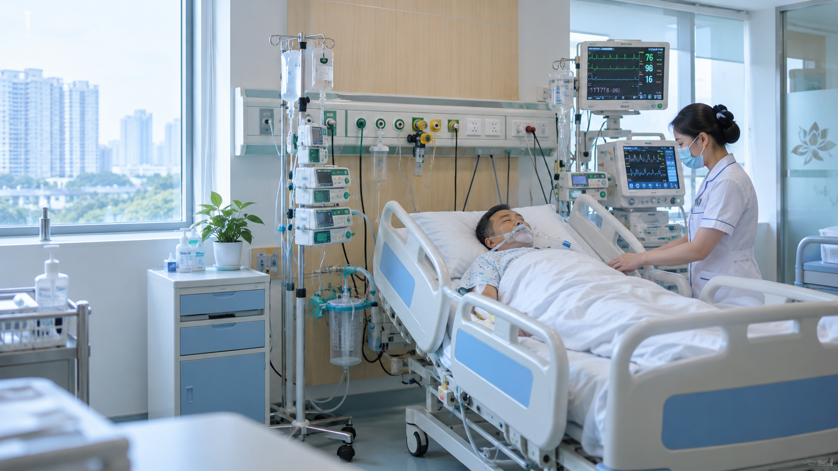 Minh họa môi trường ICU với người bệnh, điều dưỡng, monitor, thiết bị và hạ tầng khí y tế tại giường